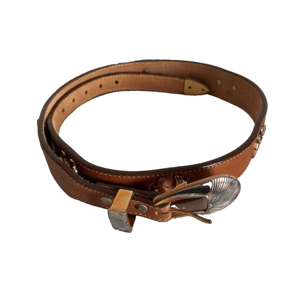 VTG 90s BASS Western Leather Desert Animals Cancho Belt Womens Size 30 Brown USA